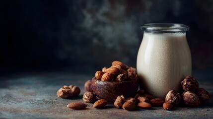 A glass jar of creamy almond milk is placed next to a wooden bowl overflowing with almonds with scattered nuts around on a dark textured surface
