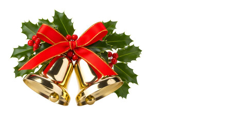 Golden Christmas Bells with Holly, isolated on transparent background