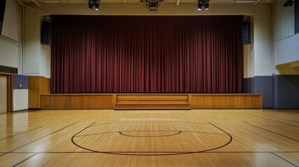 A spacious gymnasium with polished wooden floors and a large maroon curtain backdrop, perfect for performances and events.