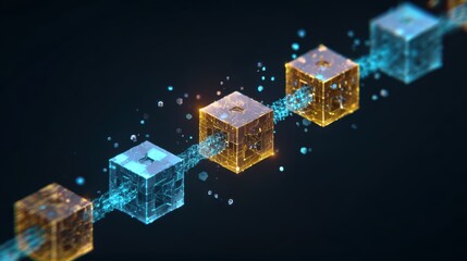 Abstract blockchain technology concept with glowing cubes and data streams