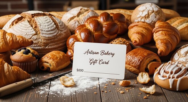 White gift card surrounded by freshly baked breads and pastries
