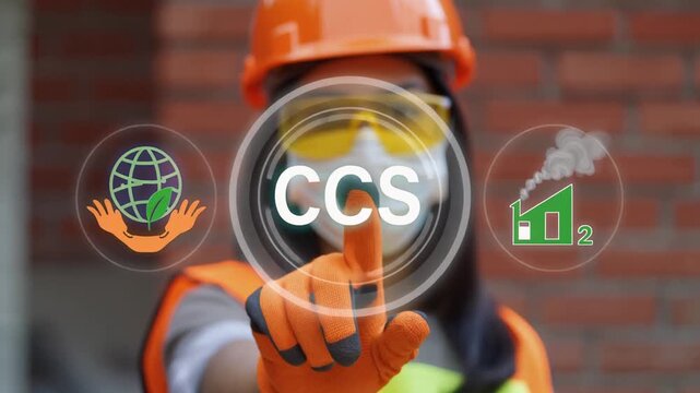 Engineer working on virtual touch screen push abbreviation: CCS. CCS Carbon Capture Storage for utilization concept. CO2 capture for storage until it is sold to carbon market. 4k video