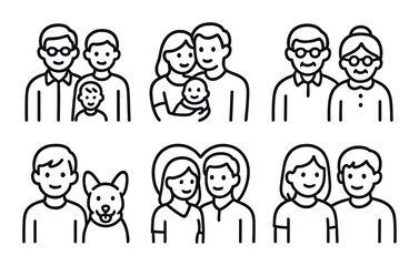 Black silhouette family icons: couples, children, elderly, pets