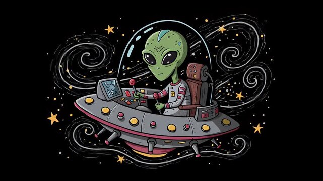 An alien in a spaceship, navigating the cosmos with a lollipop, surrounded by stars and nebulae