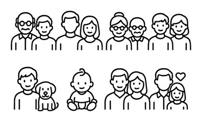 Diverse group of outlined people and families with pets and babies