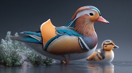 A majestic mandarin duck swims gracefully by calm waters, its vibrant colors complementing the soft, peaceful surroundings, while an adorable duckling follows closely behind.