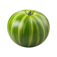 A single unripe green tomato with subtle yellow stripes, isolated on transparent background