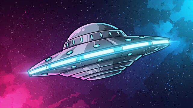 A cartoonish, futuristic spacecraft, a UFO, flies through a nebula-filled expanse of outer space