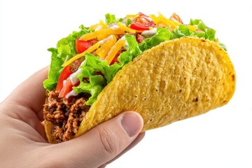 Hand Holding Taco. Traditional Mexican Tacos with Beef, Cheese, and Vegetables on White Background