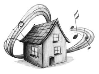 House with music notes illustration isolated on transparent background in pencil drawing style