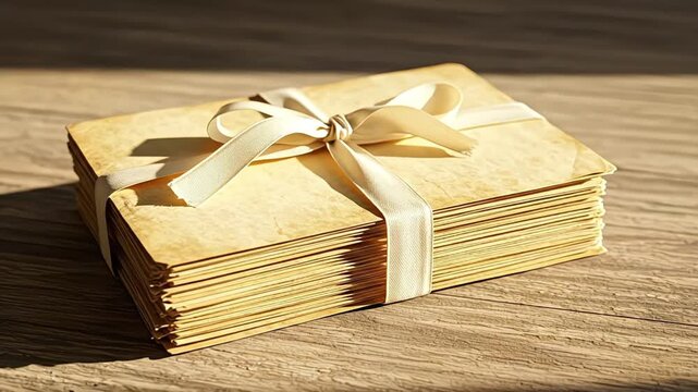 Aged stack of vintage letters tied with a ribbon sits on a rustic wooden table.