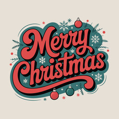 Merry Christmas Hand Lettering Typography Design with Snowflakes and Holly Leaves – Vintage Festive Quote for Cards, T-Shirts and Stickers