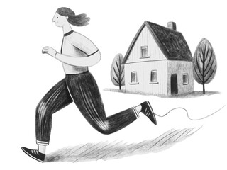 Woman running away from home, pencil drawing isolated on transparent background illustration