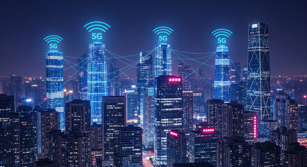 Digital 5G Wireless Network Overlay on Modern City Skyline at Night