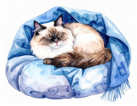 Watercolor ragamuffin cat curled peacefully on a soft, blue blanket, serene art