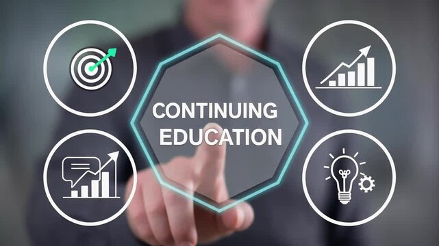 Person using virtual touch screen push inscription: CONTINUING EDUCATION. Continuing education and personal development concept. Continuing professional education. 4k video