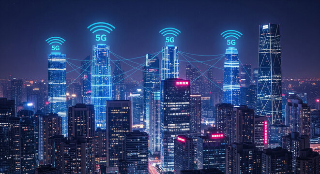 Digital 5G Wireless Network Overlay on Modern City Skyline at Night - Powered by Adobe