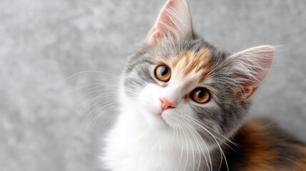 Close Up Portrait of a Curious Calico Kitten with Amber Eyes Looking Upward Against a Textured Gray Background With Soft Lighting