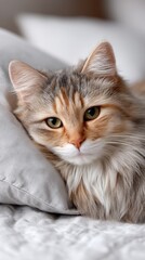 Close up portrait of a domestic cat with fluffy fur resting comfortably on a soft pillow in a bright indoor setting with soft natural lighting and a blurred background