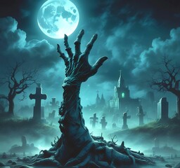 Zombie hand rising from the ground in a graveyard