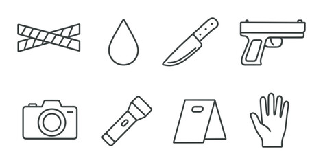 Fototapeta premium Set of crime scene icons: knife, gun, camera, tape, blood, flashlight, tent, handprint