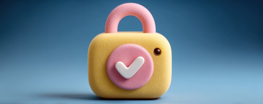 Cute 3d illustration of a yellow lock with a pink dial and white checkmark symbol