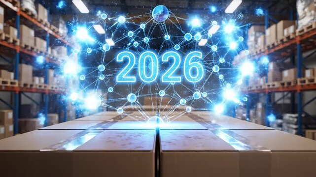 Holographic &ldquo;2026&rdquo; neural network display above a stack of cardboard boxes in a modern high-tech warehouse, video