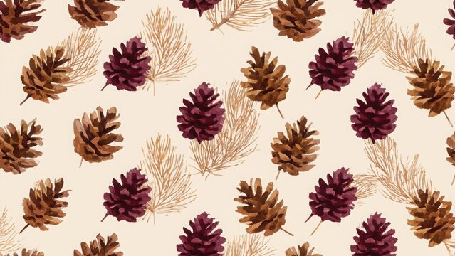 Seamless watercolor pattern with fir cones