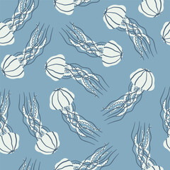 Jellyfish seamless pattern. White jellyfish on blue background. Water, ocean life, marine creatures design for fabric, paper, fashion, wallpaper.