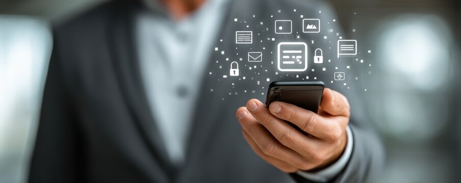 Businessman Using His Smartphone to Share Data and Connect Through Digital Icons in Modern Office - Powered by Adobe