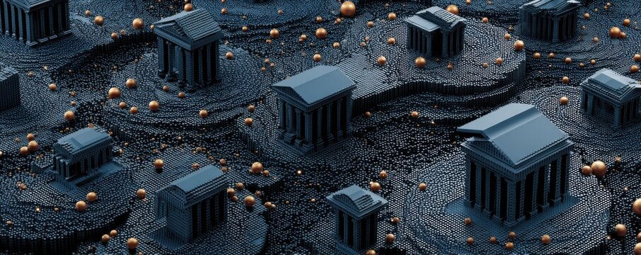Digital illustration of a blue financial landscape with temple-like buildings and scattered orbs