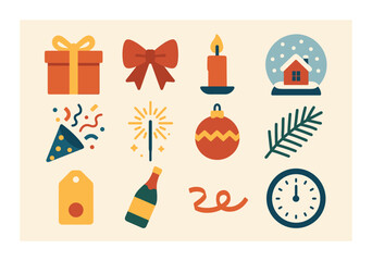 Festive icons: gift, candle, snow globe, fireworks, champagne, clock celebrating holiday cheer