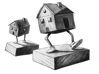 Hand drawn house with leg isolated on transparent background with pencil drawing style