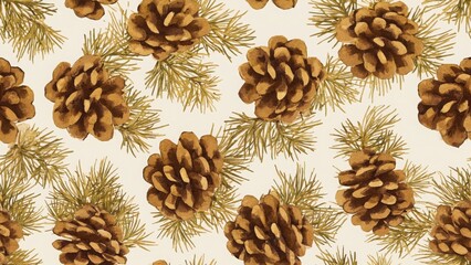 Seamless watercolor pattern with fir cones and twigs