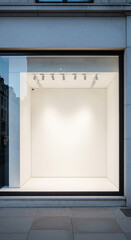 Fototapeta premium Elegant empty display window illuminated by sharp spotlights within light stone facade 