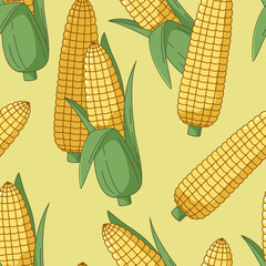 Corn, corncob in leaves seamless pattern, background