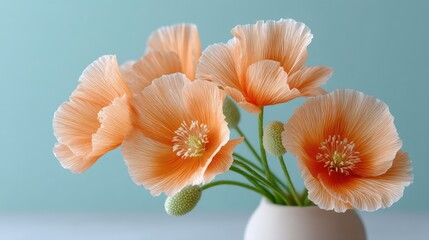 Delicate Macro Close Up Of Vibrant Orange Poppy Flower Petals With Dew Drops On A Soft Blue Background