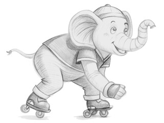 Illustration of an elephant on roller skates isolated on transparent background, smiling and happy