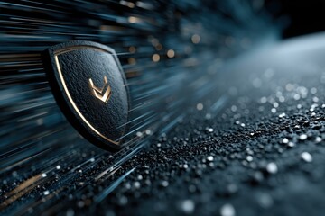 Shield icon in a stream of digital data representing cybersecurity and protection