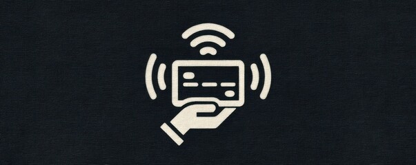 Simple icon of an arm holding a card with wireless signals, representing digital payment and contactless transaction