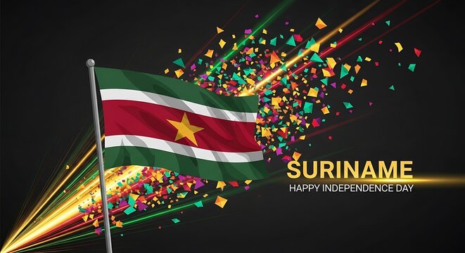 Suriname Independence Day Celebration: Flag, Confetti, and Festive Lights. - Powered by Adobe
