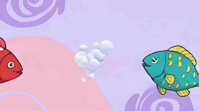 Colorful illustrated image featuring two fish, abstract shapes, and a whimsical cloud-like element