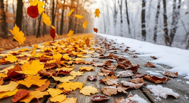 Change of the seasons, Creative split-screen view showing the transition from a warm autumn forest with falling yellow and red leaves on the left to a cold, snow-covered winter scene on the right