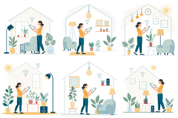Individuals interact with smart devices in cozy home environments. Each setup features unique furniture, plants, and lighting, promoting modern living.