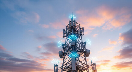 Telecommunication Cell Tower with Glowing Signal Waves at Twilight