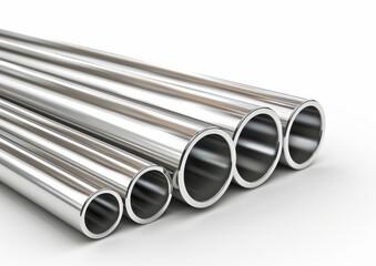 Assortment of stainless steel pipes and metal profiles isolated on white background. Industrial construction materials, plumbing, and pipeline system components.