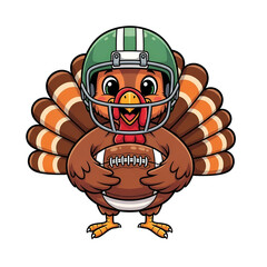 Thanksgiving turkey wearing football helmet holding ball cartoon illustration

