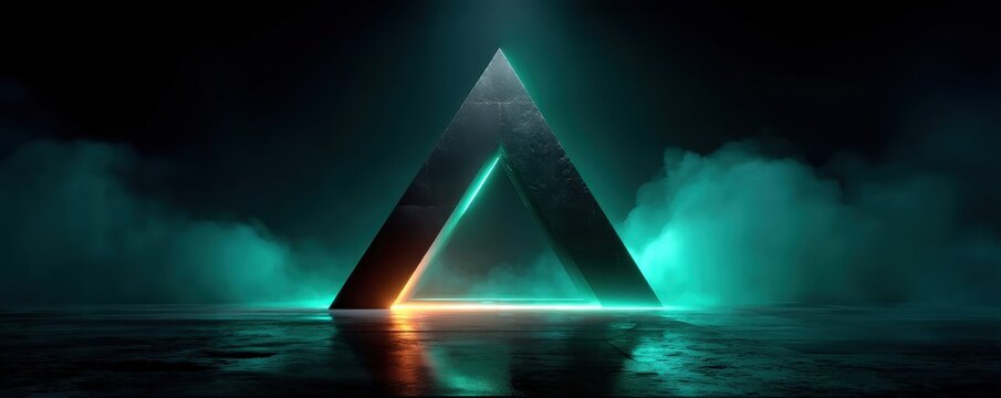 Glowing geometric triangular structure in a mystical foggy green atmosphere