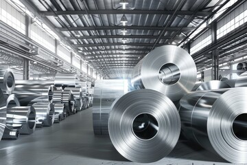 Warehouse interior with large rolls and stacked stainless steel sheets, industrial storage and metal materials under bright lighting.