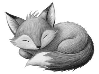 Cute fox sleeping isolated on transparent background, hand drawn pencil art for kids room